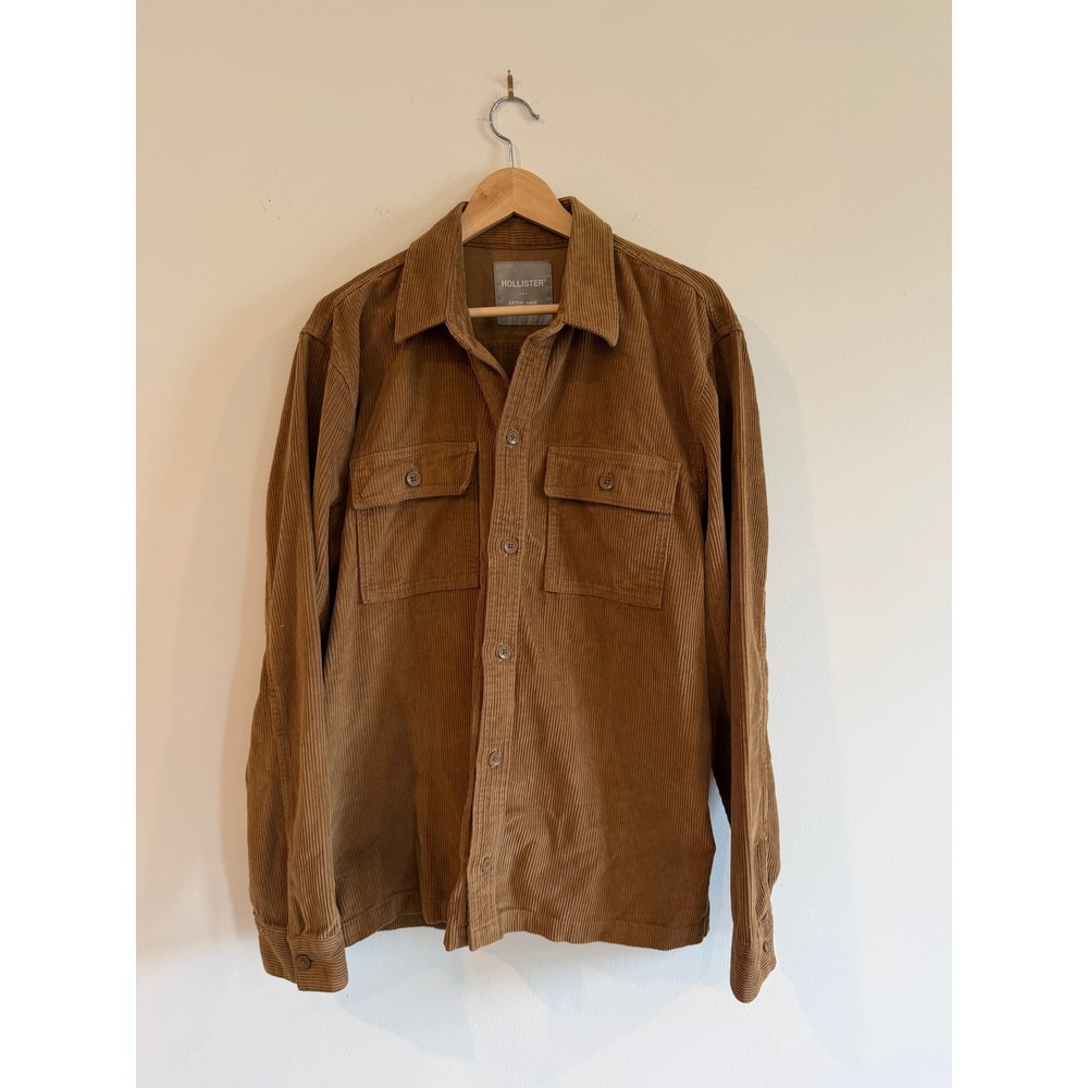 Hollister Mens XL Corduroy Button Down Shirt Brown Wide Wale Long Sleeve Shirt